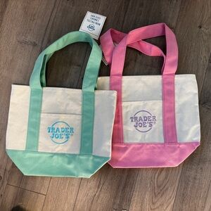 NWT -Set of 2 Trader Joe’s Mini Canvas Tote Bag Set - Pastel Mint Green and Pink
